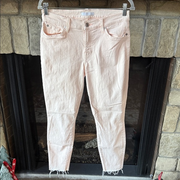7 For All Mankind Denim - 7 For All Mankind Light Pink Ankle Jeans with stretch and frayed cuffs. Size 29